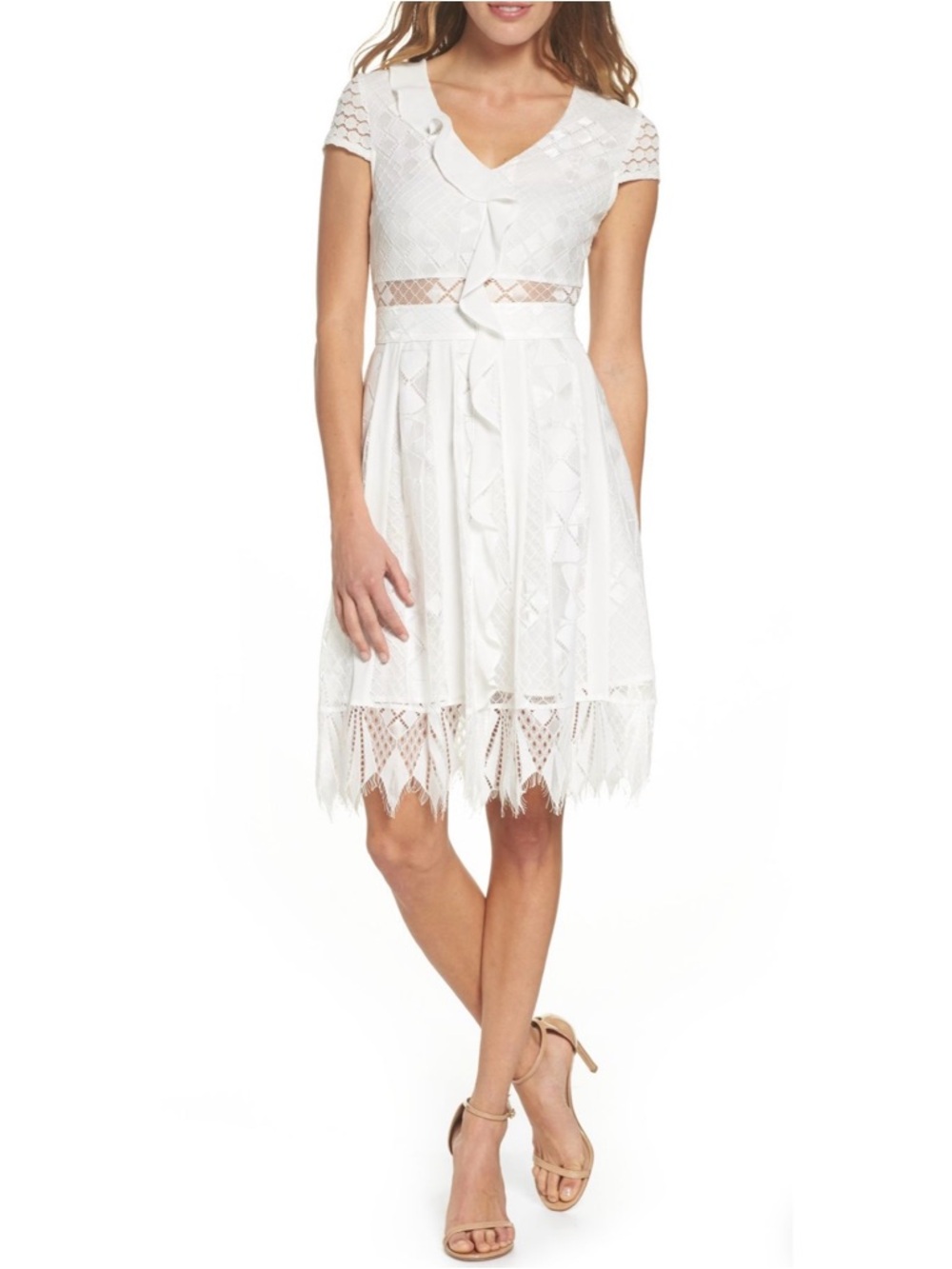 Foxiedox Florence Geo Lace Ruffle Fit & Flare Mini Dress in White Sz Small NWOT